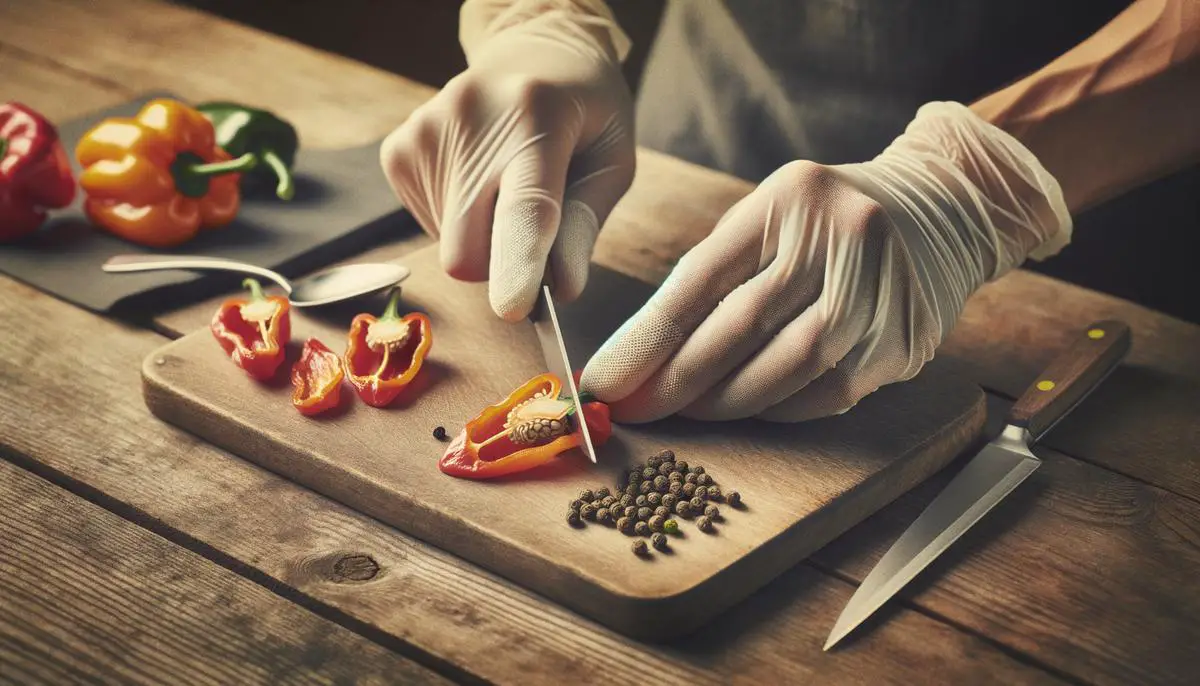 A person's hands, wearing protective gloves, carefully handling habanero peppers on a cutting board, with kitchen tools nearby.