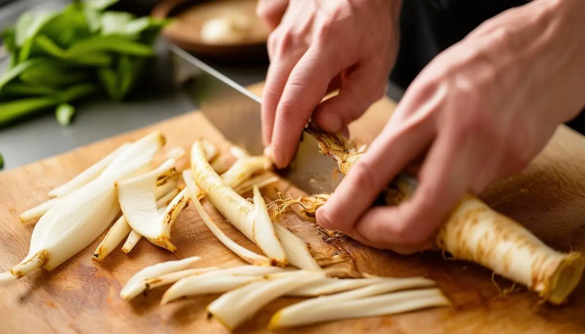 Photo of hands skillfully slicing fresh galangal root into thin, precise pieces, demonstrating the importance of precision when preparing galangal for culinary use in various Asian dishes.