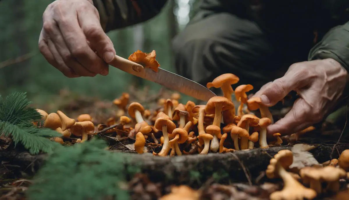 A person carefully harvesting chanterelle mushrooms in a forest using a knife