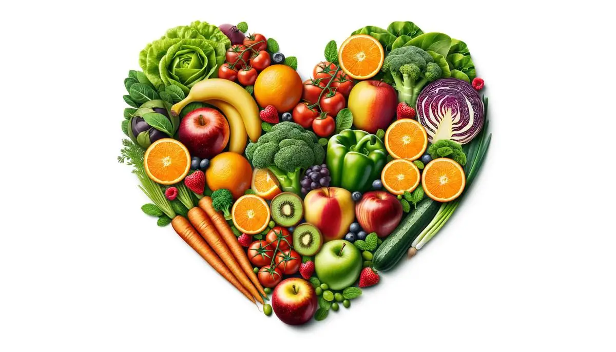 A variety of colorful fruits and vegetables displayed together to represent a heart-healthy diet