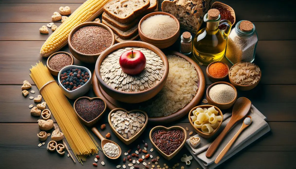 Image depicting a variety of whole grains like oats, brown rice, quinoa, whole grain bread, and pasta to represent the benefits of whole grains for heart health