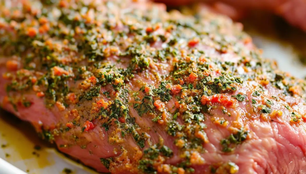 Close-up of a pork tenderloin coated in a mixture of herbs and spices, ready for baking.