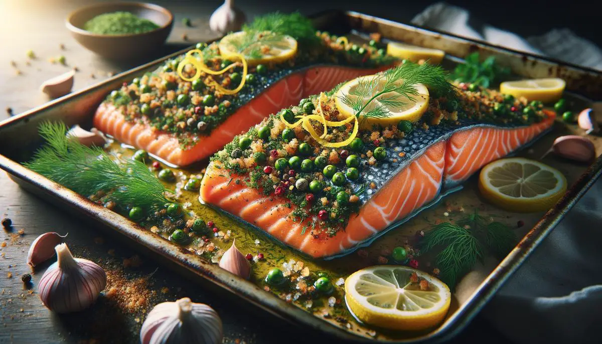 Oven baked salmon fillets topped with a vibrant green crust of crushed peppercorns, dill, parsley, lemon zest and garlic