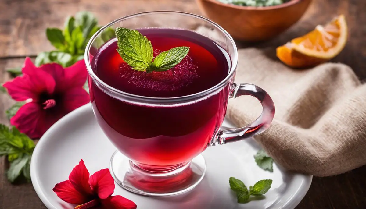A vibrant cup of Mexican hibiscus tea, with deep red hue and garnished with a slice of orange and a sprig of mint.