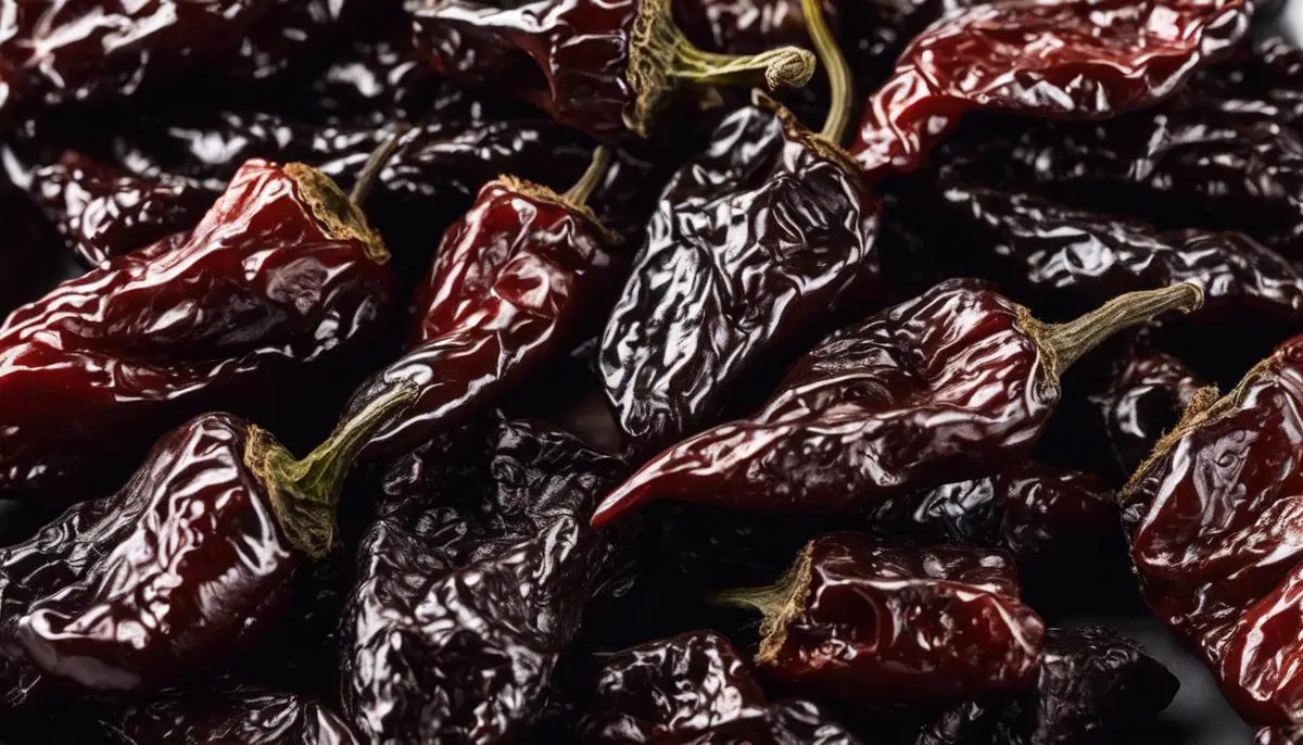 Close-up of high-quality dried ancho peppers showing their deep reddish-brown color and glossy sheen
