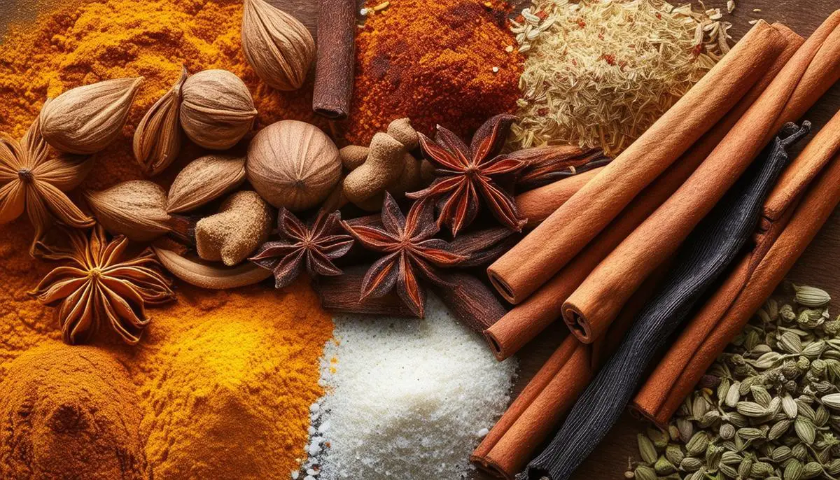 An arrangement of high-quality, fresh and dried baking spices like cinnamon sticks, vanilla beans, whole nutmeg and saffron threads.