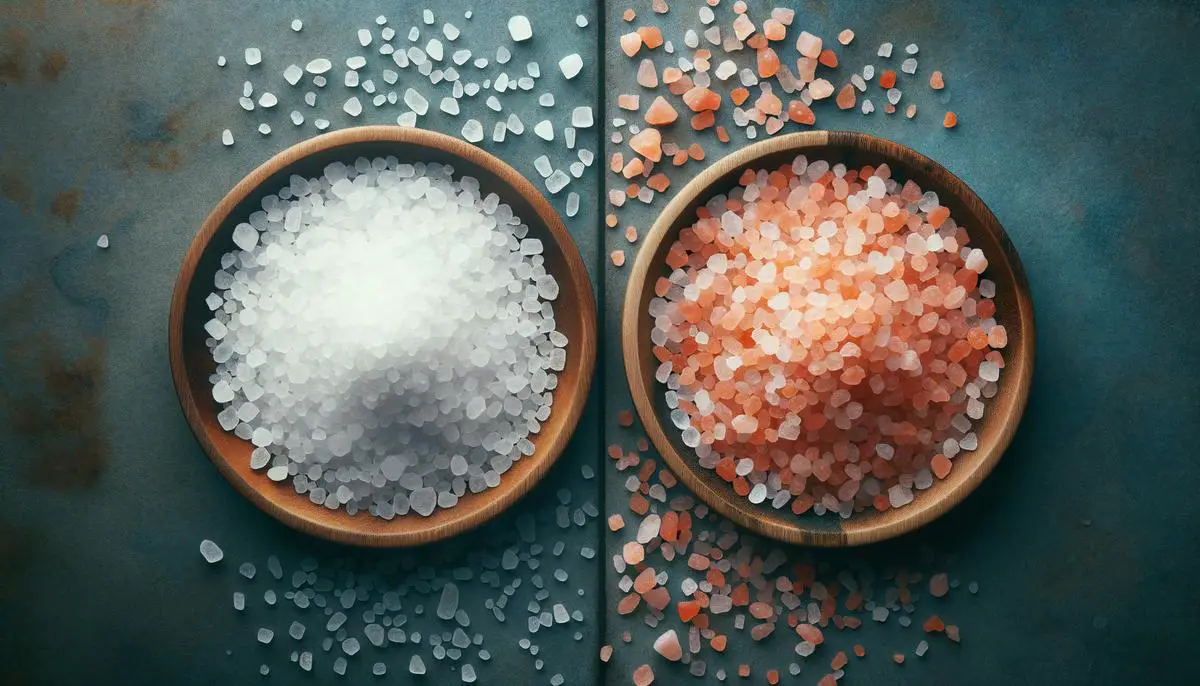 Side-by-side comparison of Himalayan pink salt and regular table salt, highlighting their differences in color and texture