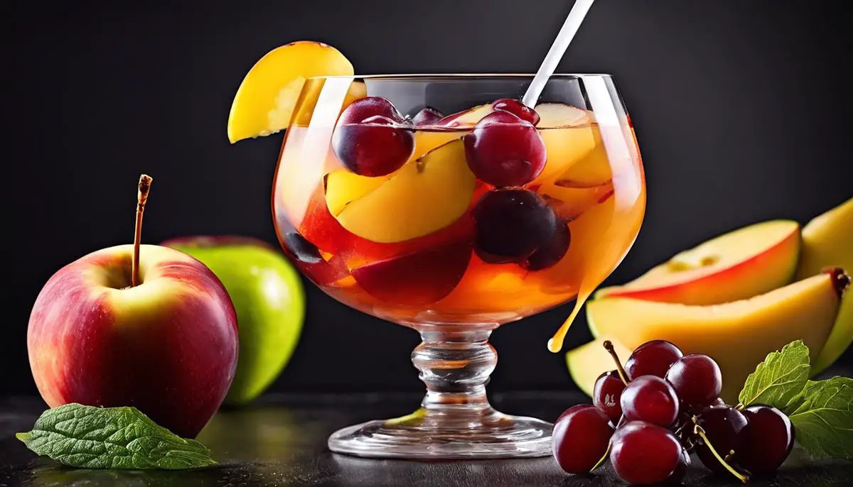 A close-up image of a vibrant fruit cocktail with chunks of apples, peaches, pears, grapes, and cherries in a syrup