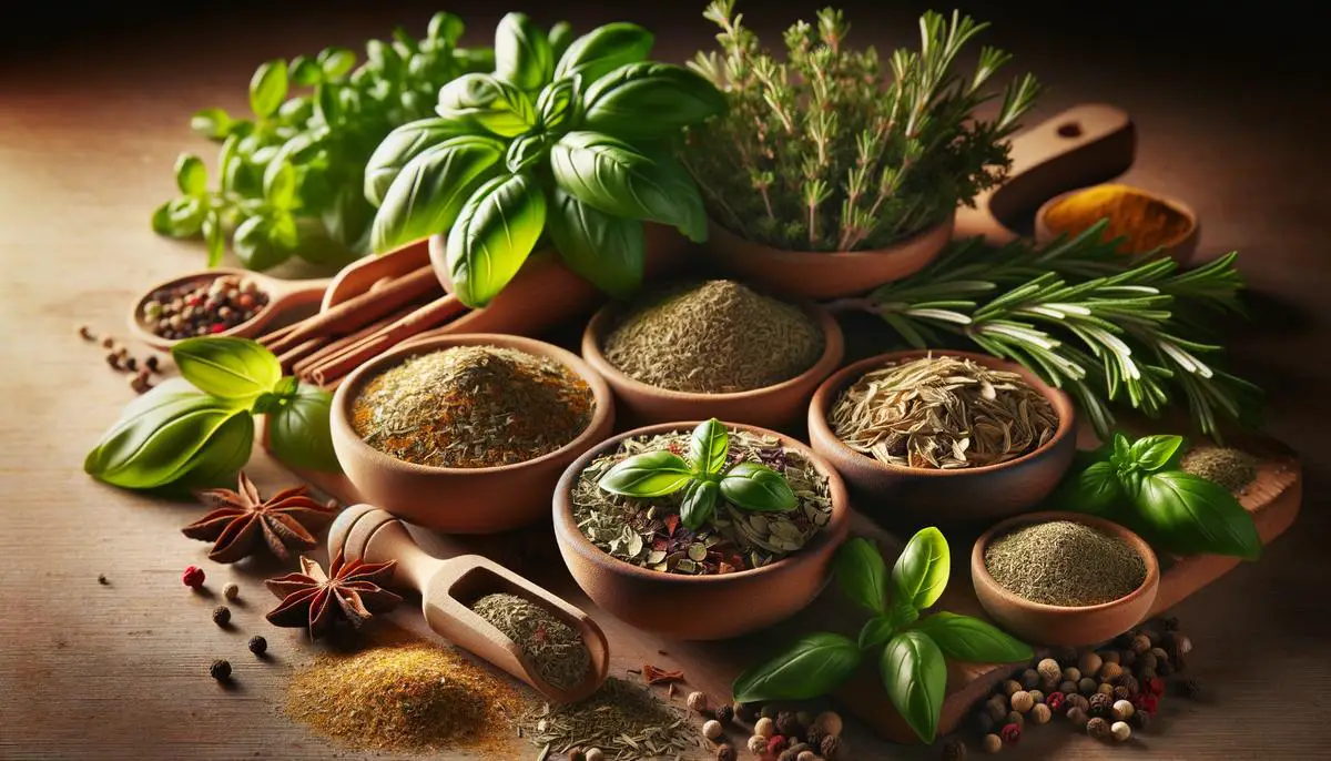 A collection of dried herbs and spices, including basil, oregano, rosemary, thyme, and marjoram, ready to be mixed together to create a homemade Italian seasoning blend.