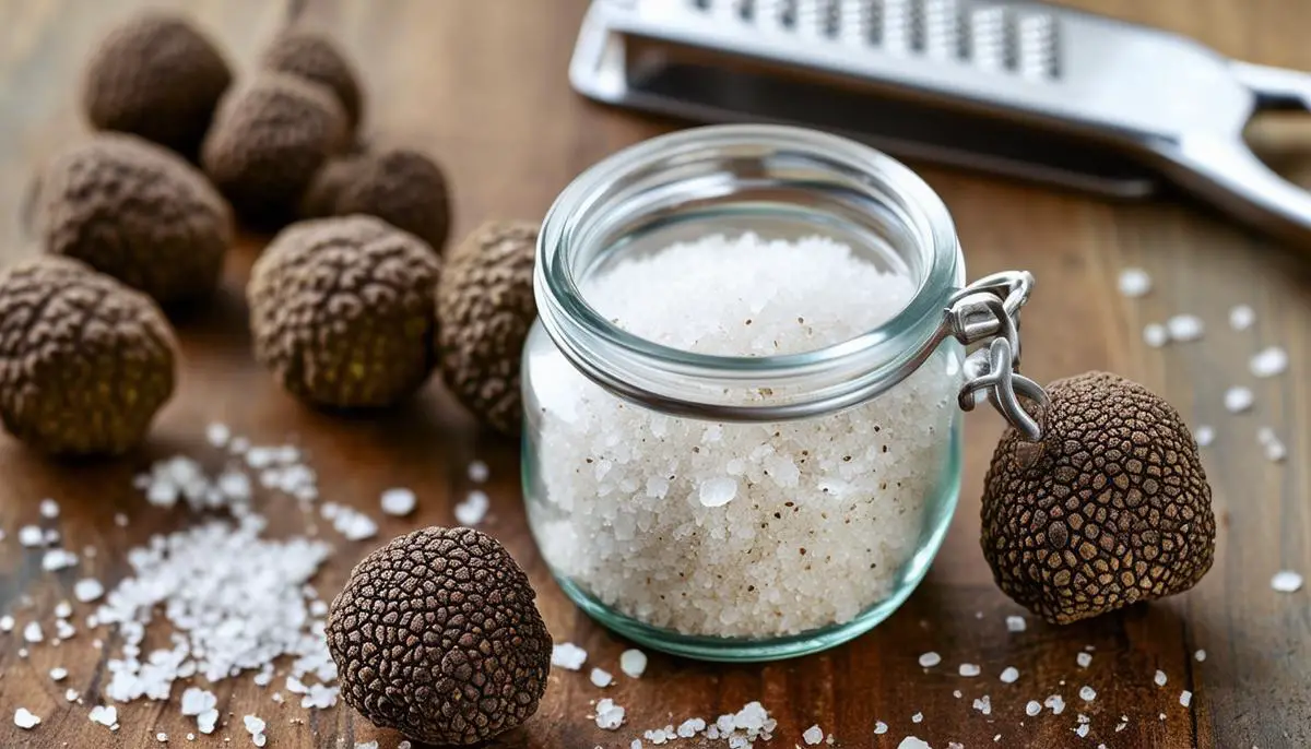 Homemade truffle salt in a glass jar, with fresh truffles and a grater nearby