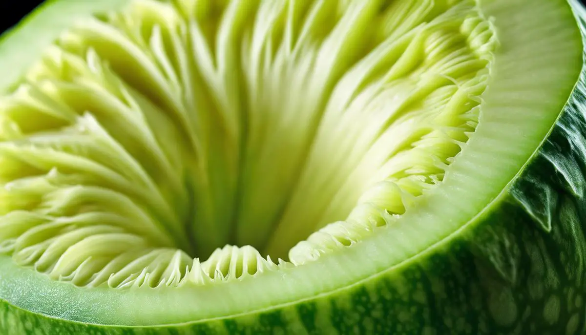 A close-up image of a honeydew melon showing its vibrant pastel green color and sweet juicy flesh.
