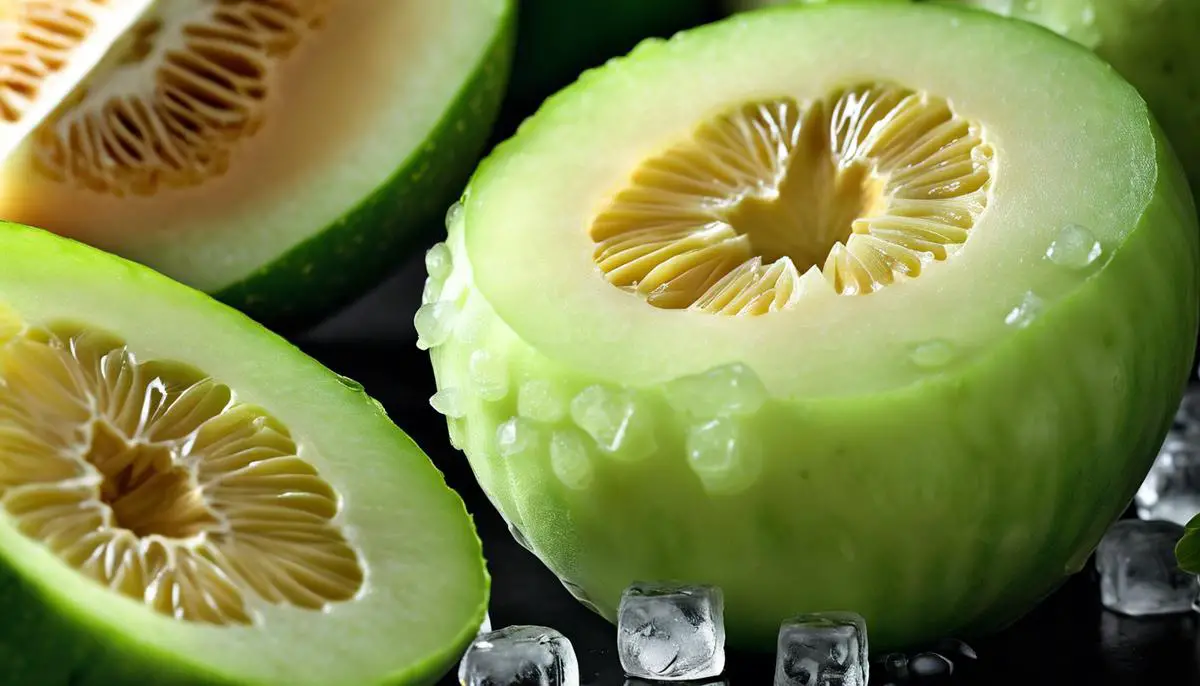 A close-up of a honeydew melon with a green exterior and creamy flesh, surrounded by ice cubes of honeydew puree.