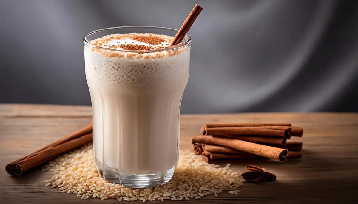A glass of horchata with a cinnamon stick on top and rice grains floating in the drink.