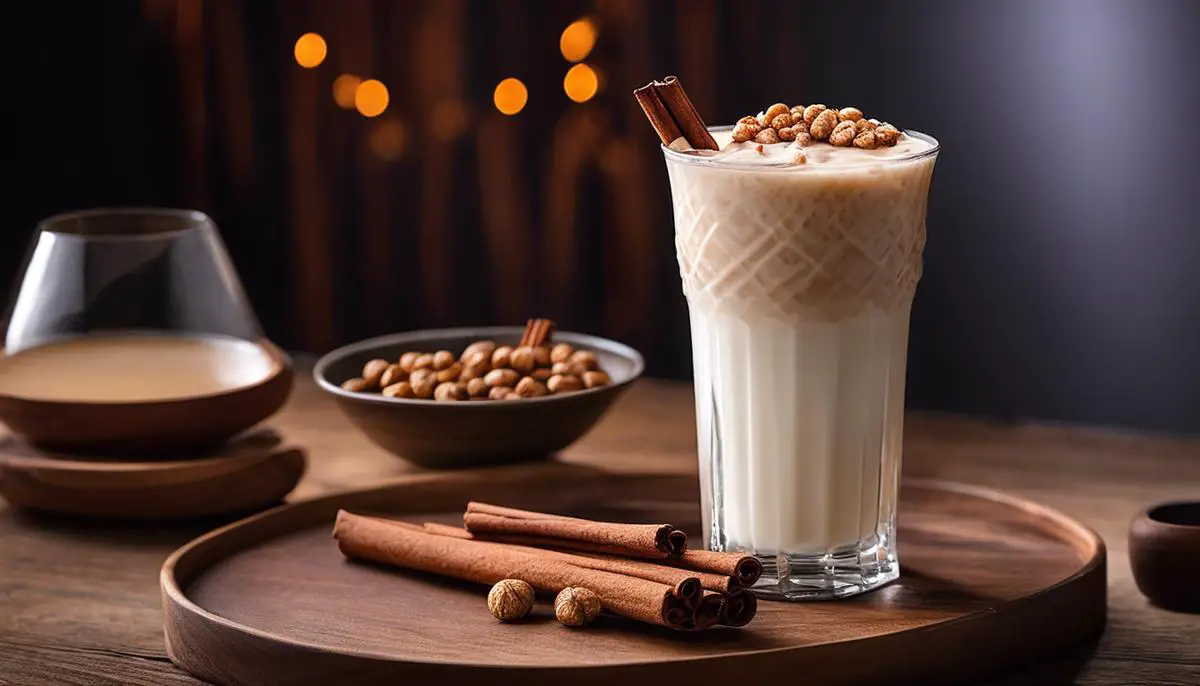 A refreshing glass of horchata garnished with a cinnamon stick and tigernuts.
