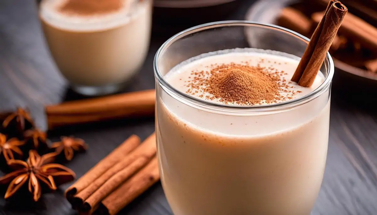 A glass of horchata topped with cinnamon powder, showcasing the creamy, refreshing, and flavorful drink.