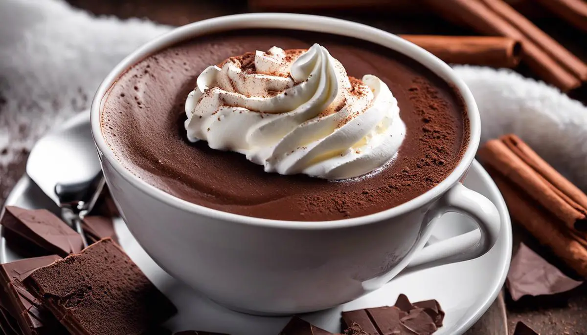 A steaming cup of Italian hot chocolate topped with whipped cream and cocoa powder.