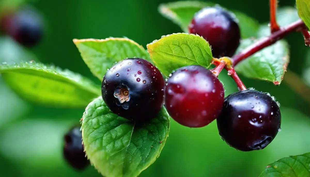 Image of ripe huckleberries on a plant with dashes instead of spaces