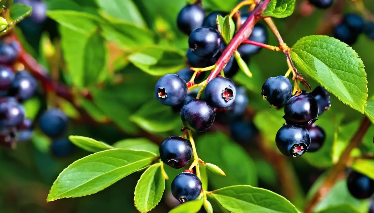 Close-up image of huckleberries growing on a bush, showcasing their vibrant colors and plump appearance