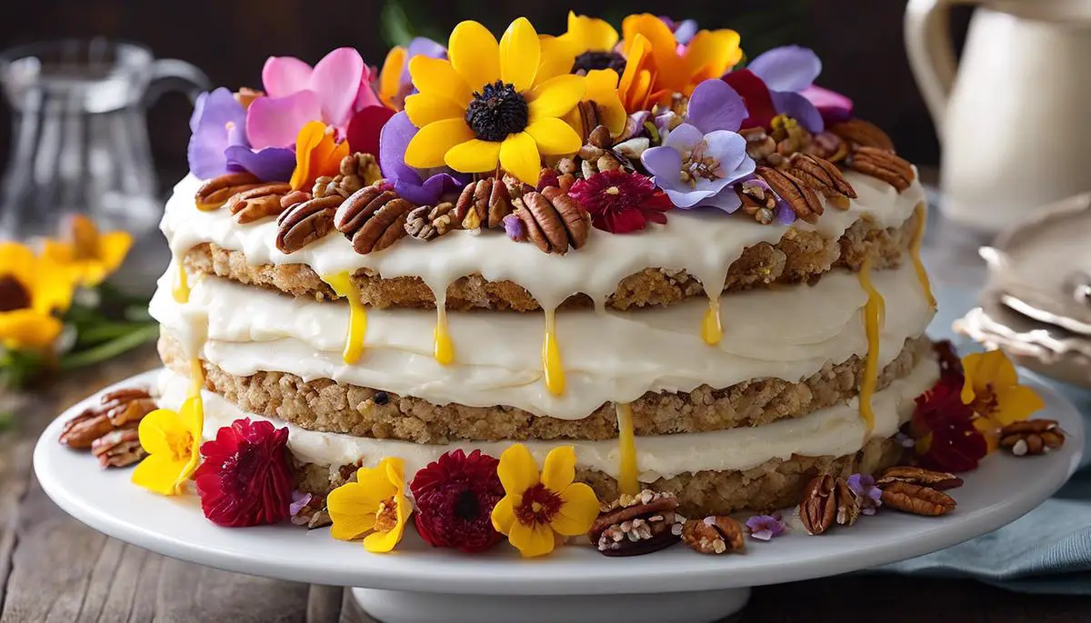 A beautifully frosted Hummingbird Cake topped with pecans and edible flowers