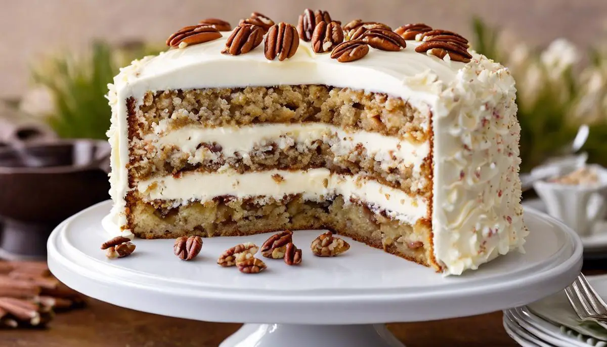 A delicious Hummingbird Cake decorated with cream cheese frosting and sprinkled with pecans.
