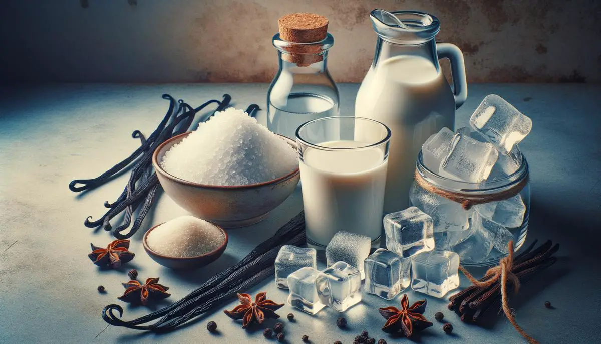 The key ingredients to make ice cream - cream, milk, sugar, vanilla bean and ice cubes to illustrate what it's made of.