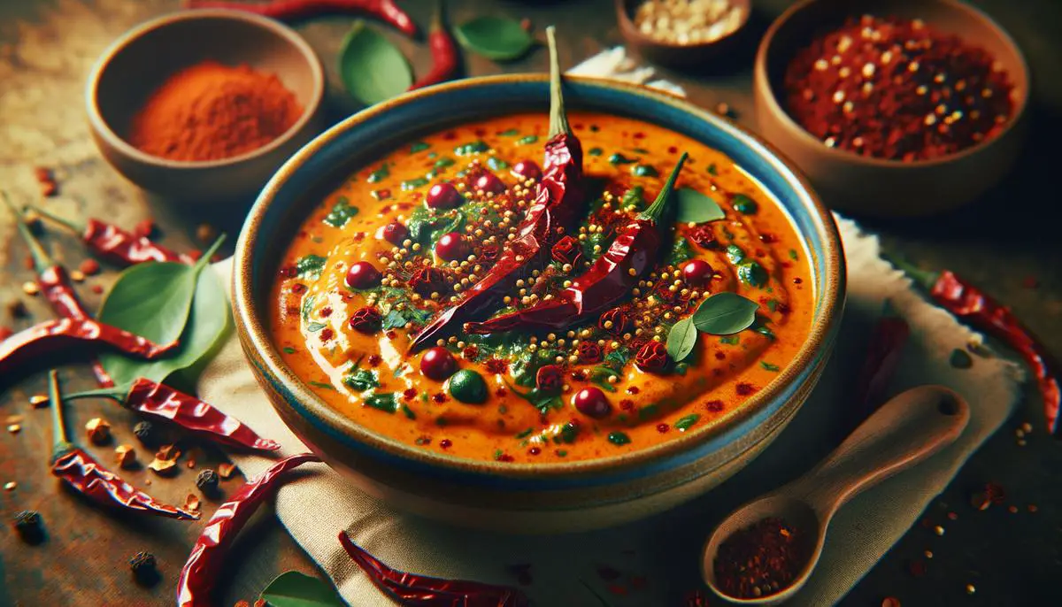 A bowl of vibrant Indian curry with visible red cayenne pepper flakes