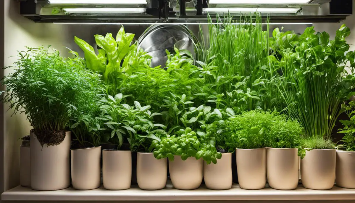 Image of a flourishing indoor herb garden with various herbs growing in pots.