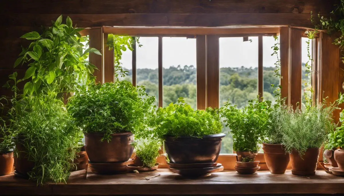 Image of a variety of indoor herbs in pots, flourishing and adding greenery to a living space