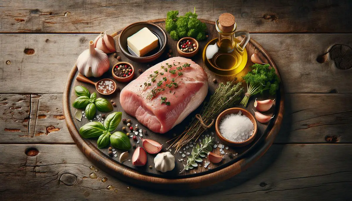 Pork tenderloin, olive oil, butter, garlic, basil, oregano, thyme, parsley, sage, sea salt, and black peppercorns arranged on a wooden board
