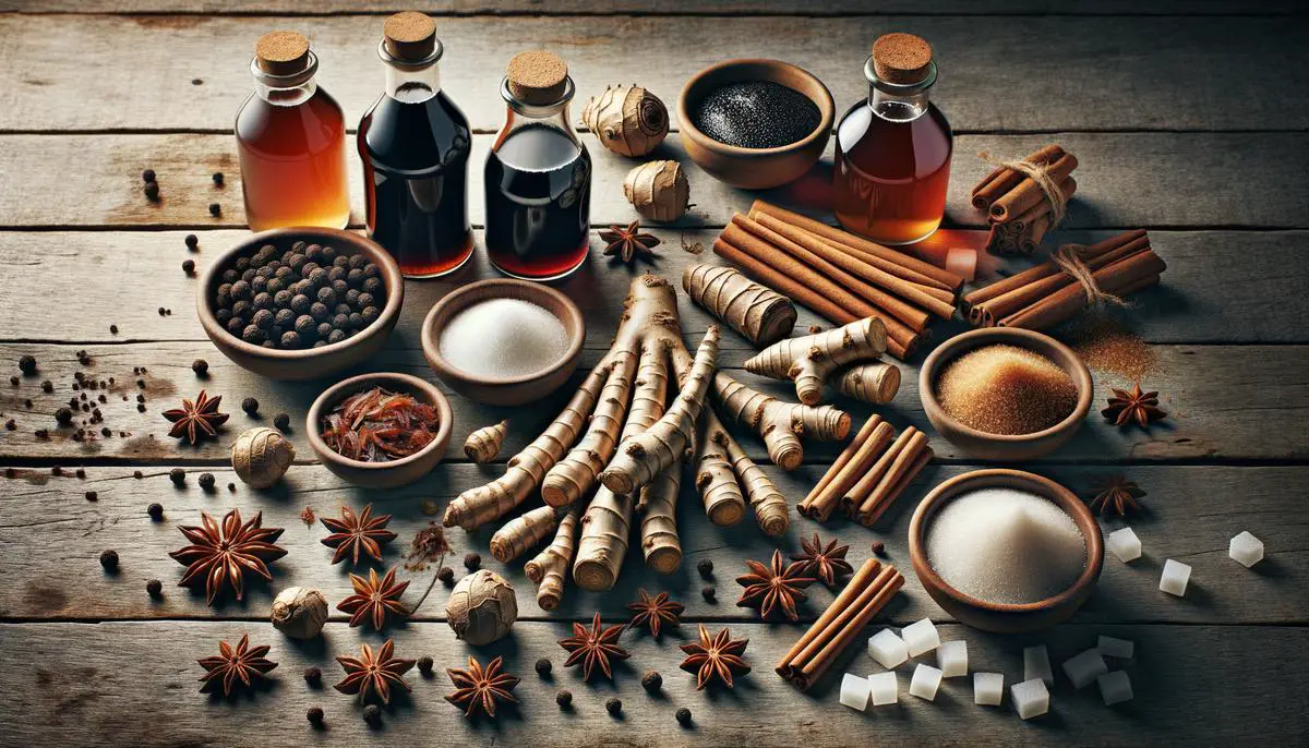 A collection of ingredients used in making homemade root beer, including sassafras roots, spices, and other natural components, displayed on a rustic wooden surface.
