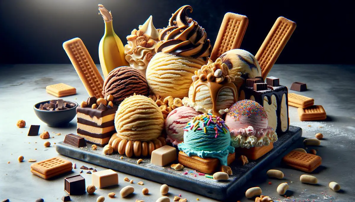 A visually striking display of unique and innovative ice cream flavors, such as Peanut Butter Overload, Banana Pudding Eclair, and Insta Graham, showcasing the creativity and artistry in modern ice cream flavor development.