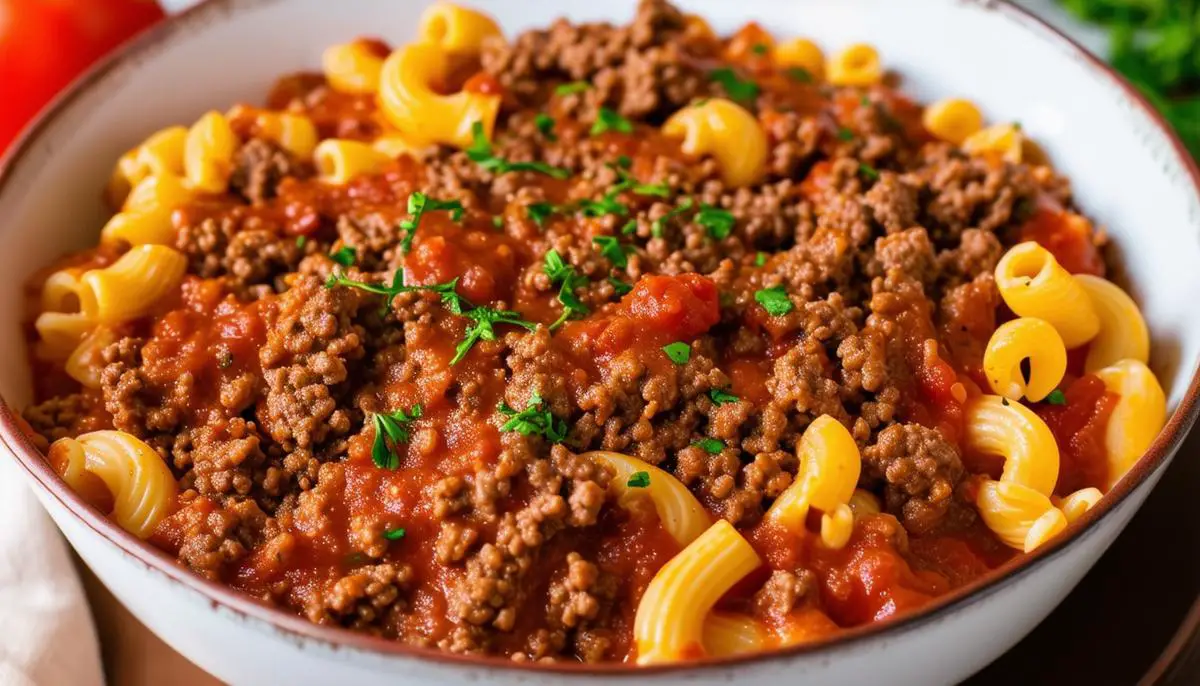 A bowl of Instant Pot slumgullion with ground beef, elbow macaroni, and tomato sauce