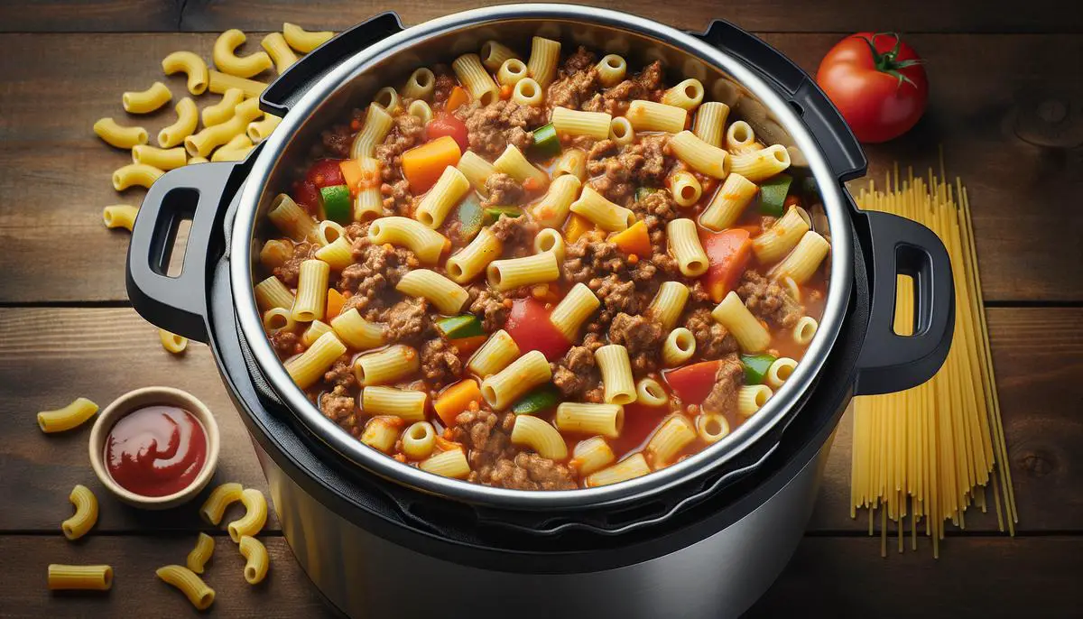 An Instant Pot filled with slumgullion, a hearty one-pot meal with ground beef, pasta, and tomato sauce