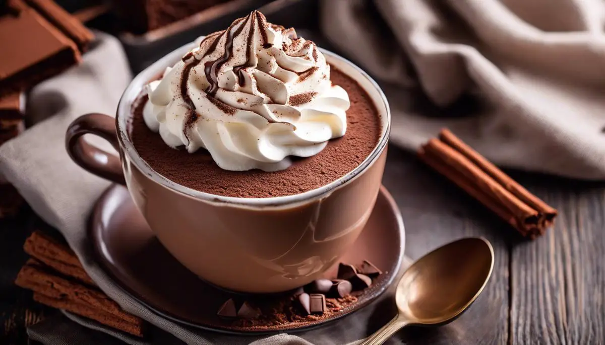 A cup of Italian hot chocolate topped with whipped cream and cocoa powder, ready to be savoured.
