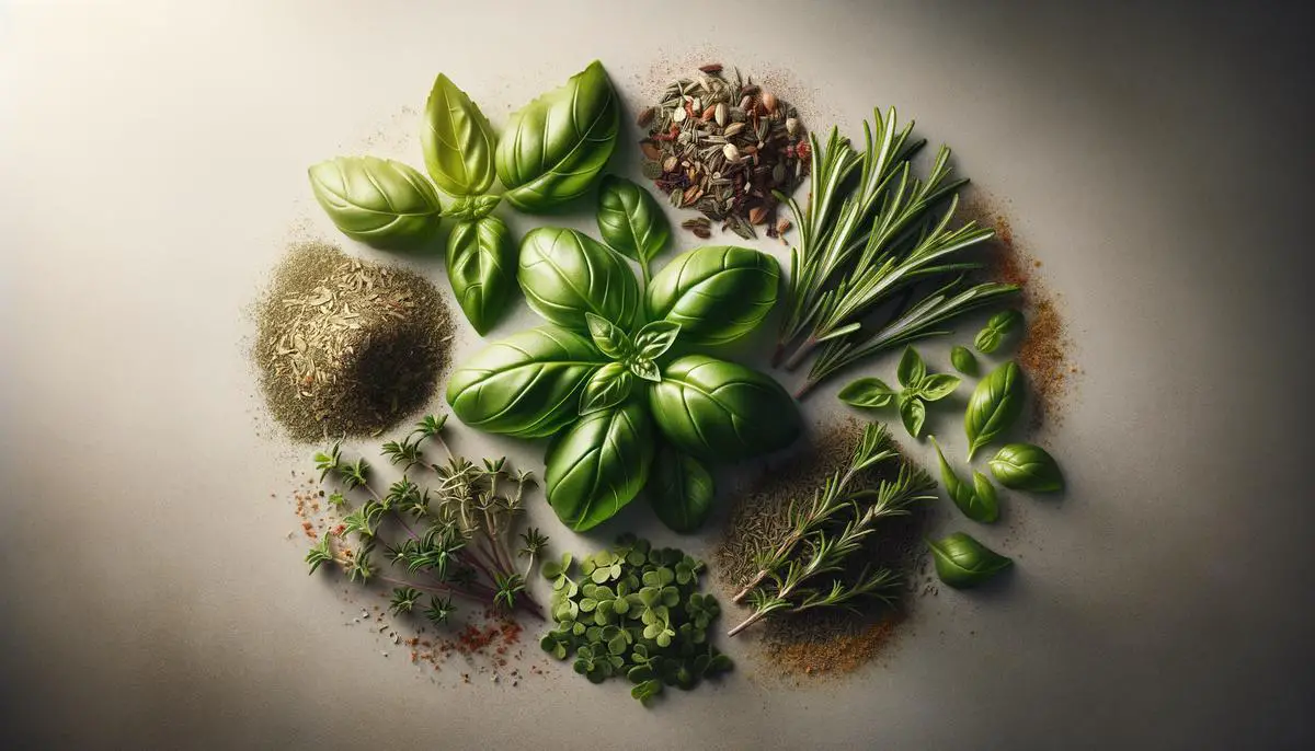A close-up view of the individual herbs that make up Italian seasoning, including basil, oregano, rosemary, and thyme, showcasing their unique colors, shapes, and textures.