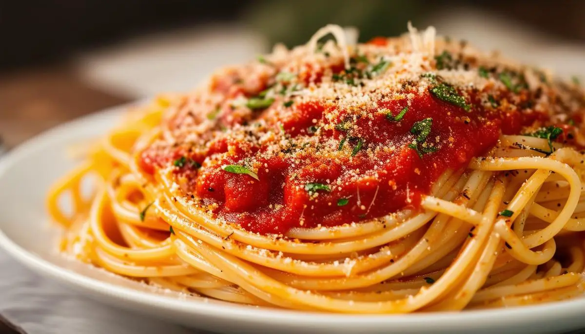 A delicious pasta dish, such as spaghetti with marinara sauce, garnished with a sprinkle of Italian seasoning, showcasing the herb blend's versatility and ability to elevate various recipes.