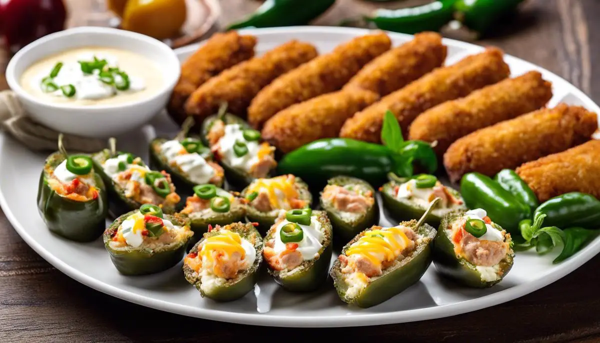 A platter of jalapeno poppers filled with various fillings ranging from cream cheese to sausage and served with delicious dips.