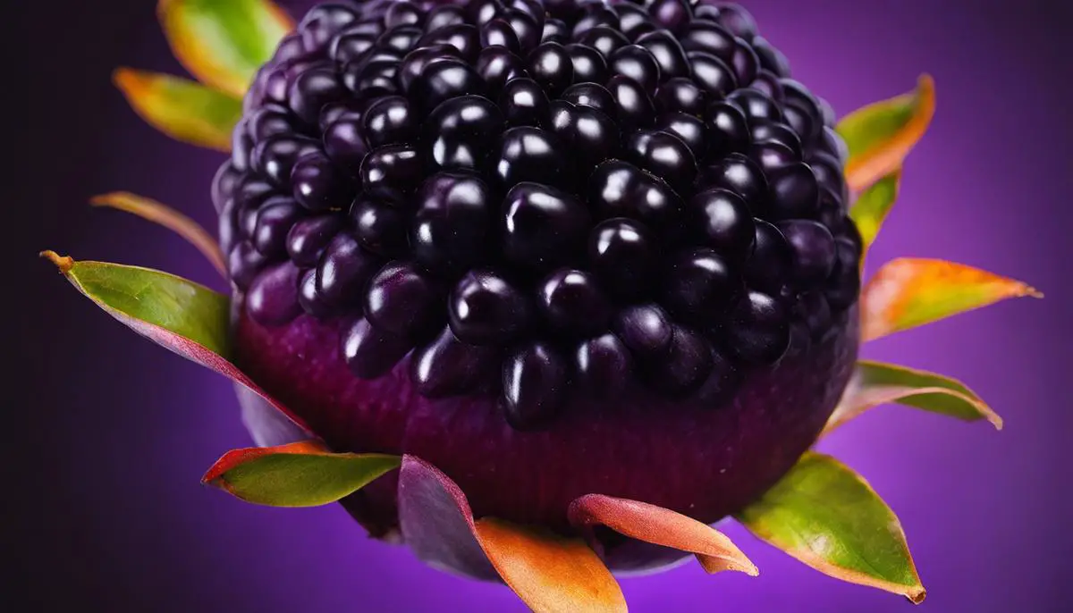 Image description: A close-up photograph of a Jambolan fruit, showcasing its dark purple color and smooth texture.