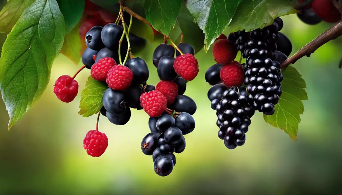 Image of Jambolan fruit, a dark colored fruit with bunches of berries hanging from a tree