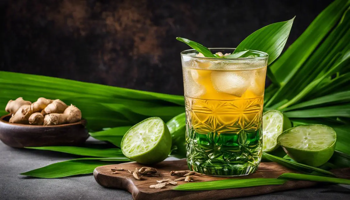 A vibrant image of a glass of Janda Pulang surrounded by fresh pandan leaves and ginger slices, representing the complex flavors and cultural significance of the Indonesian drink.