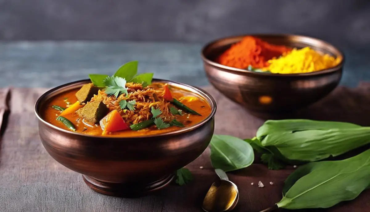 A vibrant bowl of Kaara Kozhambu with colorful vegetables and aromatic spices.