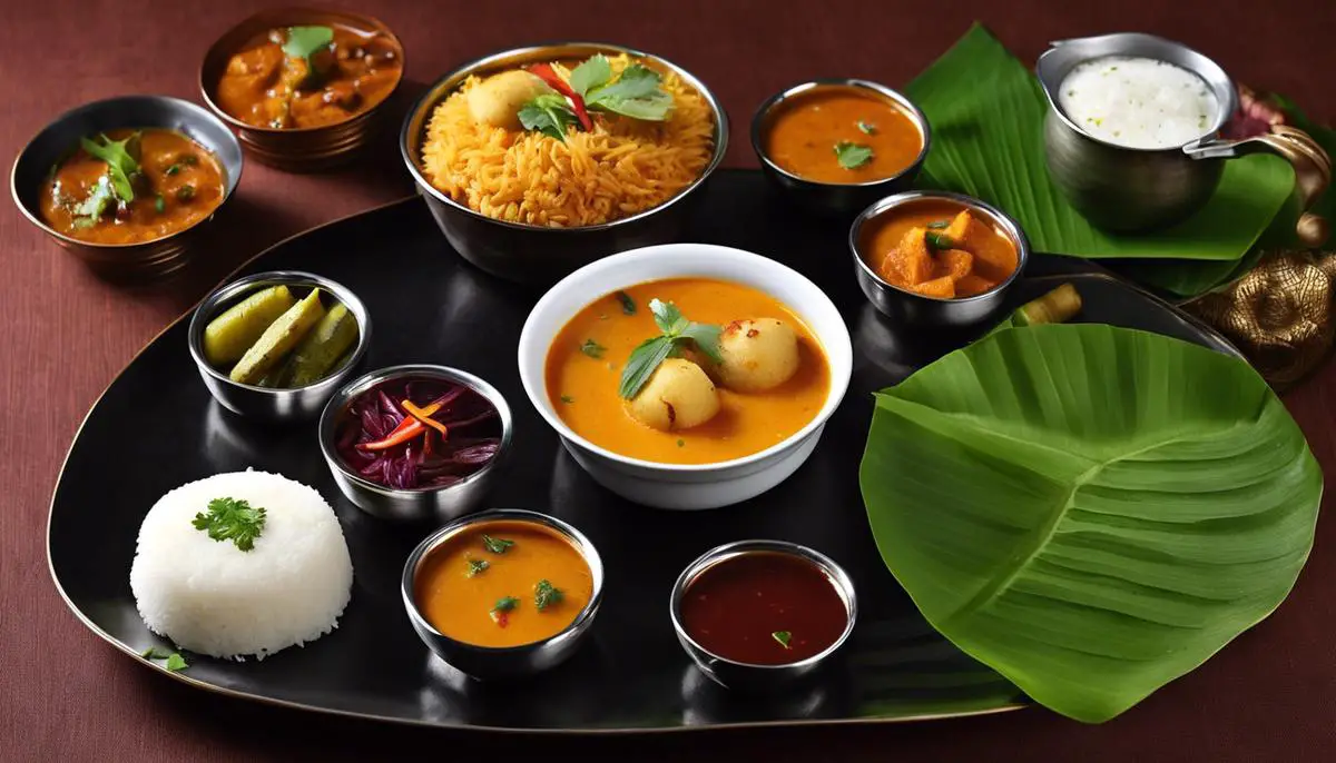 A dish of Kaara Kozhambu, featuring fluffy idlis, with vibrant colors and an assortment of side dishes, pickles, chutneys, and salad, representing the fusion of tradition and innovation in South Indian cuisine.
