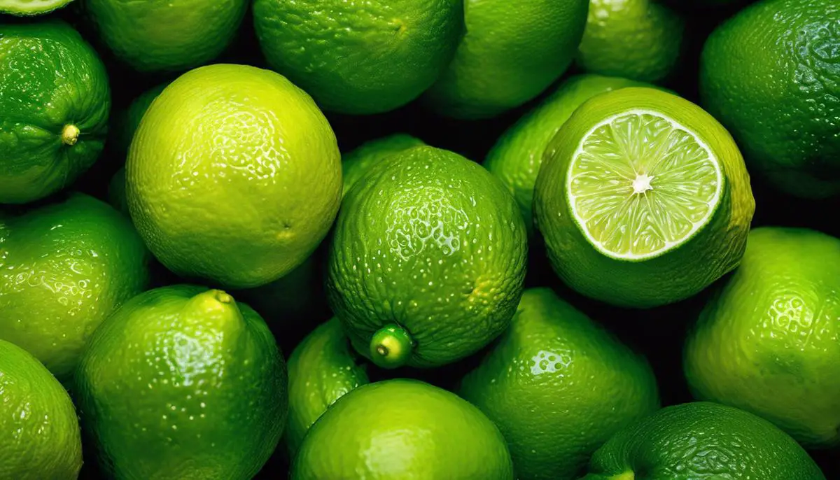 A close-up image of vibrant green Kaffir limes with bumpy and uneven surfaces.