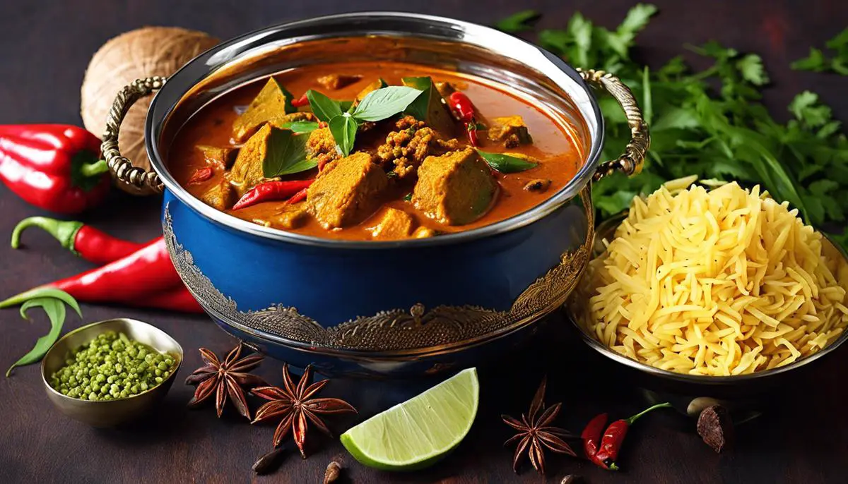 A mouth-watering image of a Karaikudi curry, featuring a vibrant array of spices, rich coconut milk, and vibrant red chilies.