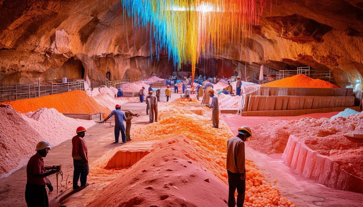 The expansive and colorful interior of the Khewra Salt Mine in Pakistan, with miners working to extract the ancient Himalayan salt.