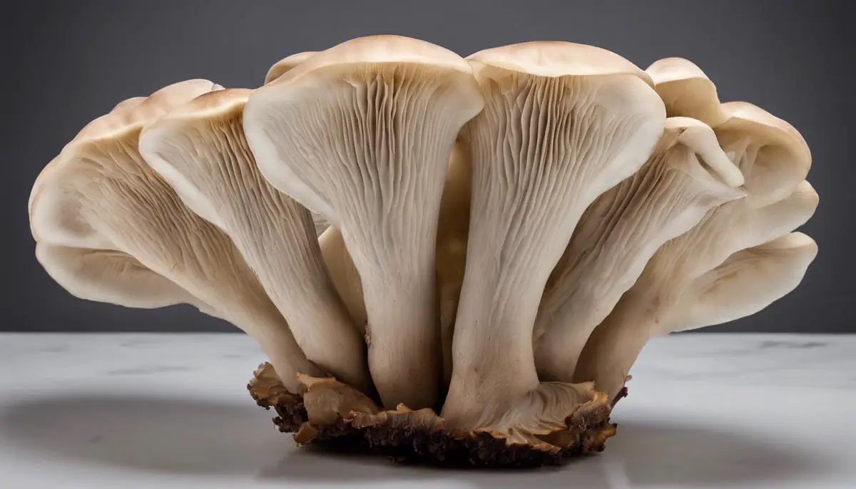 A large king oyster mushroom with a substantial meaty stem and robust texture
