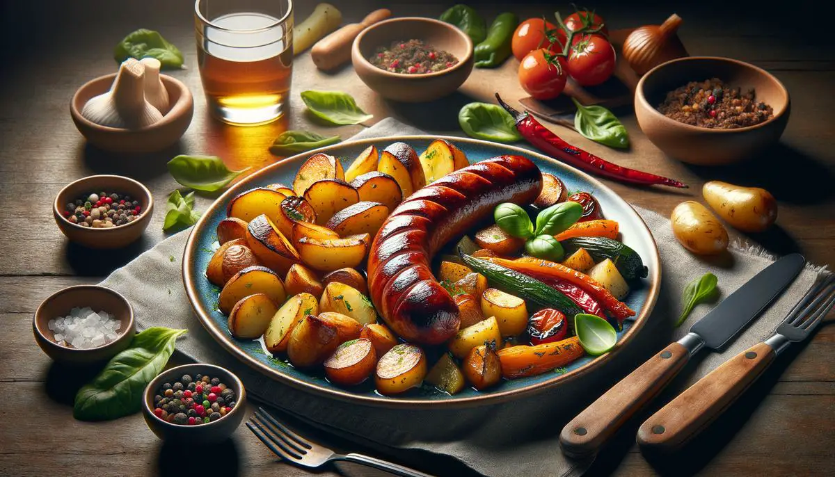 Kishka served with side dishes like roasted potatoes and vegetables