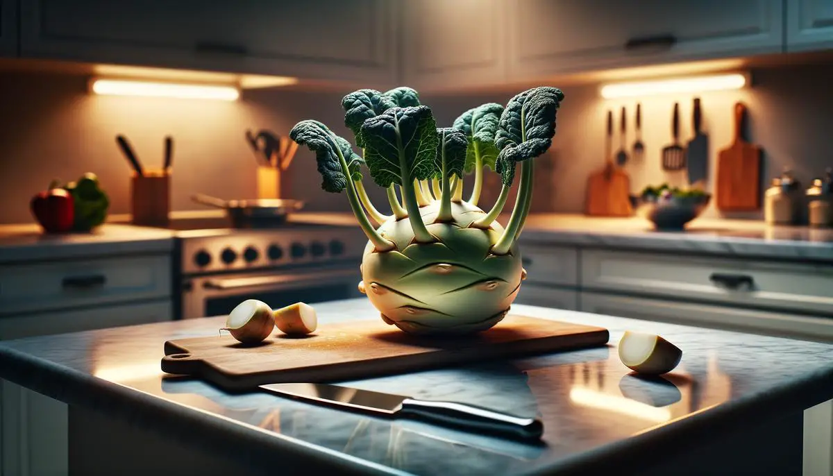 An image of kohlrabi, a unique alien-like vegetable, sitting on a kitchen countertop