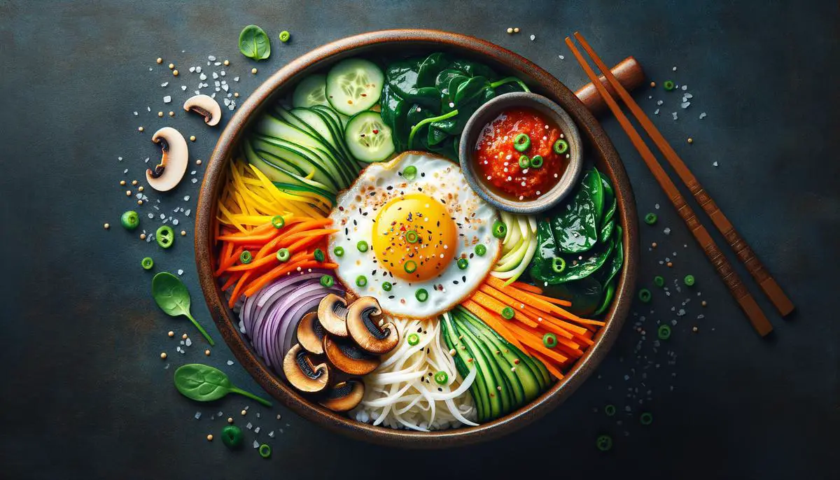 A colorful and vibrant bowl of Bibimbap with various vegetables, a fried egg, and gochujang sauce on top