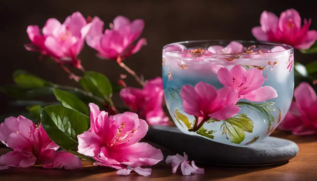 A refreshing glass of Jindallae-hwachae adorned with floating azalea petals, representing the vibrant flavors and cultural significance of this traditional Korean drink.